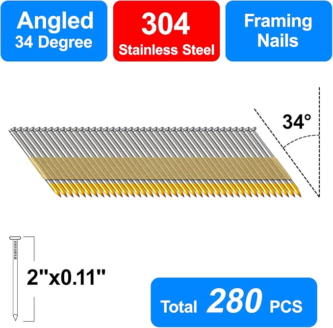 34-30 Degree 2 Inch Smooth Shank Paper Framing Nails,280-Pack | 304 Stainless Steel D Head Tape Strip Nails for 30 to 34 Degree Framing Nailer,Fits Indoor and Outdoor Building Projects