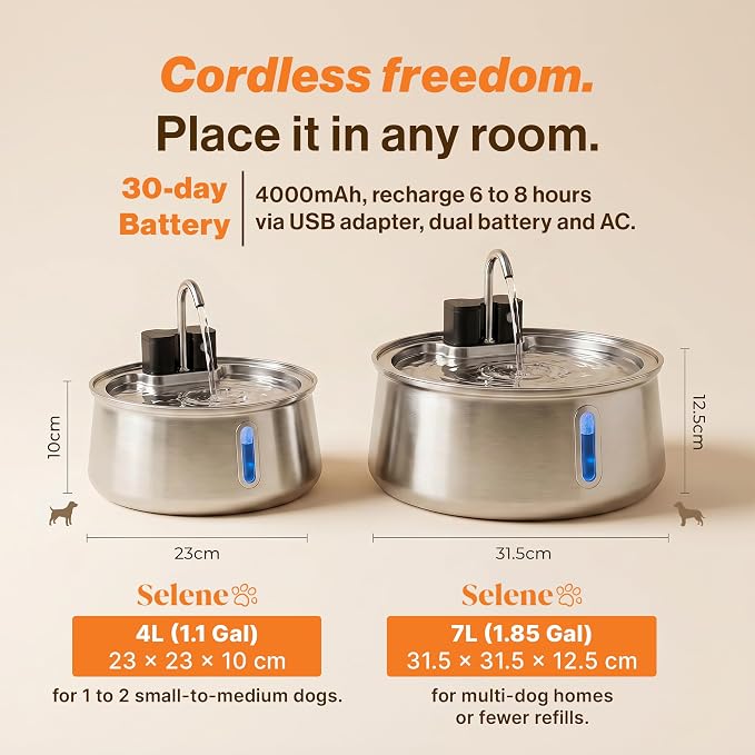 Selene Wireless Doggy Fountain, 7L (1.85 Gal) Cordless Dog Water Fountain for Dogs Inside, Stainless Steel Pet Fountain, 4-Layer Filtration, 30-Day Battery
