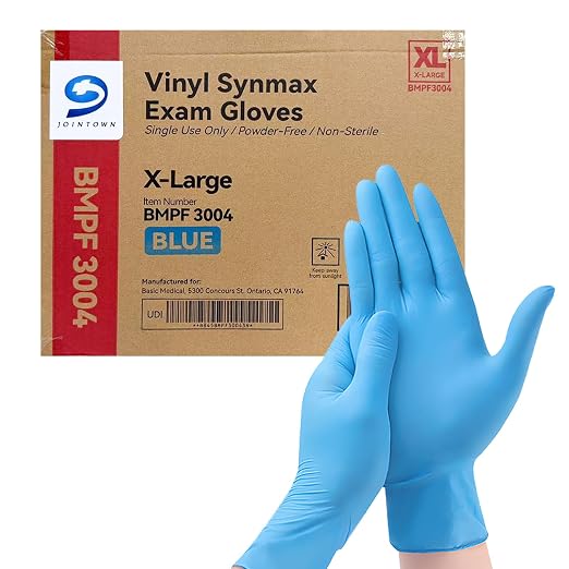 Jointown Basic Synmax Vinyl Exam Gloves Disposable Exam Gloves, 4 Mil, Blue, Latex & Powder Free, BMPF-3004