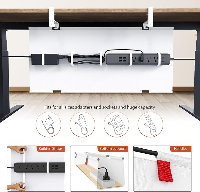 Univivi No Drill Under Desk Cable Management Tray, 28" Cord Organizer for Table, Clamp/Screw Mount Desk Cable Management, Premium Fabric Cable Management Tray for Office, Home