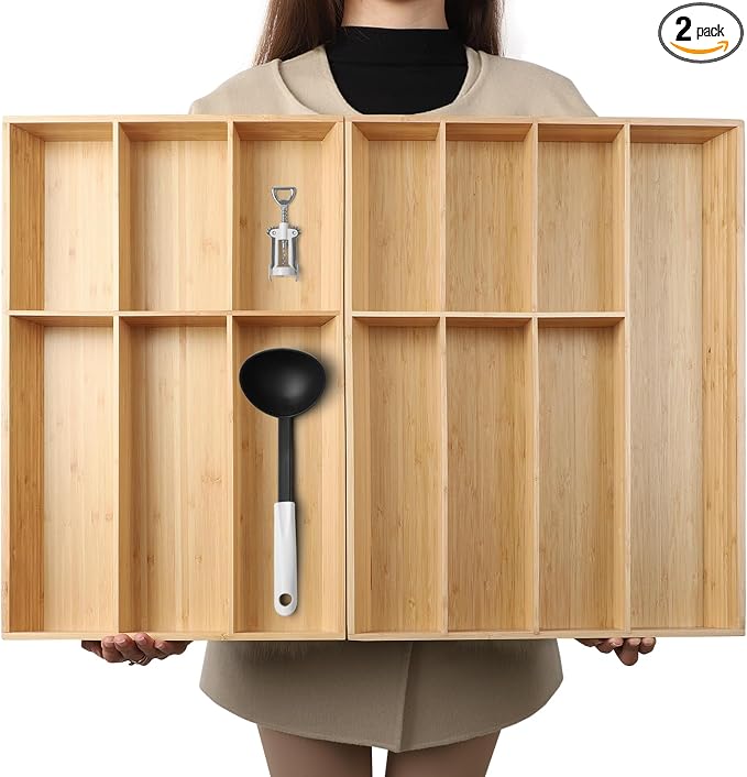 BAMOTTO CRAFTBAMBOO 13 Slot V-Shaped Bamboo Drawer Organizer Set of 2, Extra Large Cutlery Tray - Easy Reach Flatware Silverware Utensil Storage for Kitchen (19.6"x14.6" & 19.6"x12.4")