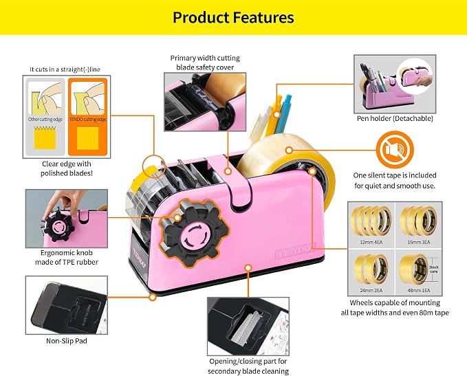 [TENDO°] TENDO Multi-Section Tape Dispenser, Custom Width Tape Cutter with 4 Cutting Sections, Built-in Safety Blade, Ergonomic Grip for Packing and Office Use, ZO-508(Pink)