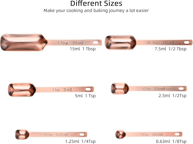 Copper Measuring Cups and Spoons Set 14, Stainless Steel Measuring Cups and Spoons set for Kitchen & Baking, 7 US & Metric Measure Cups & 6 Long Handle Spice Measuring spoons & 1 leveler