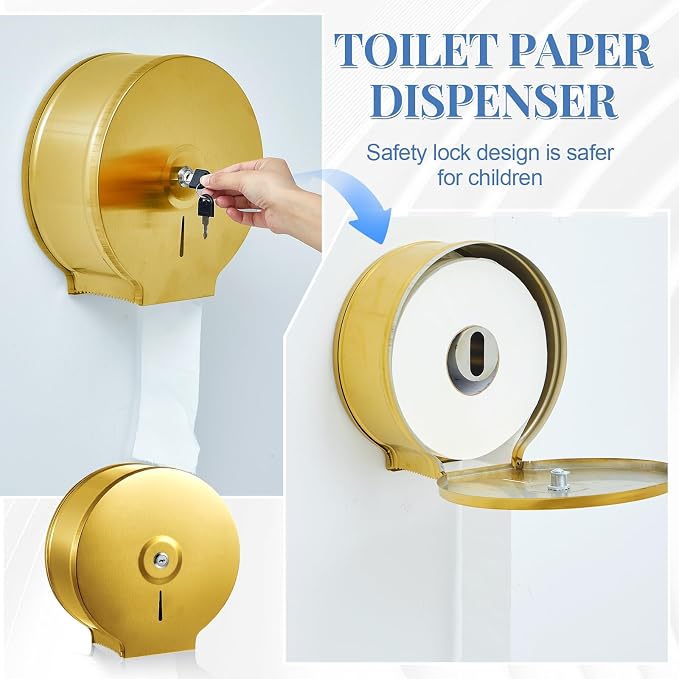 Mifoci 2 Pcs Industrial Toilet Paper Holder Commercial Roll Dispenser Wall Mount Stainless Steel Jumbo Tissue Dispenser Fits 9" Roll Toilet Paper for Office Home Public Places (Gold)