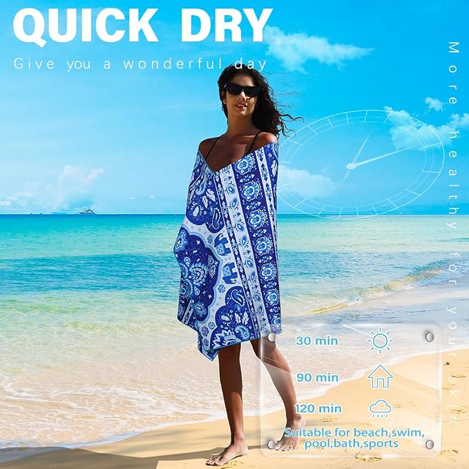 Widdonen Microfiber Beach Towel,Compact 2 Pack-71x32 Inch with Bag Travel | Extra Large,Lightweight,Thin,Sand Free,Quick Dry,Absorbent.Packable for Camping,Swim,Pool,Bath,Picnic,Cruise Essentials Gift