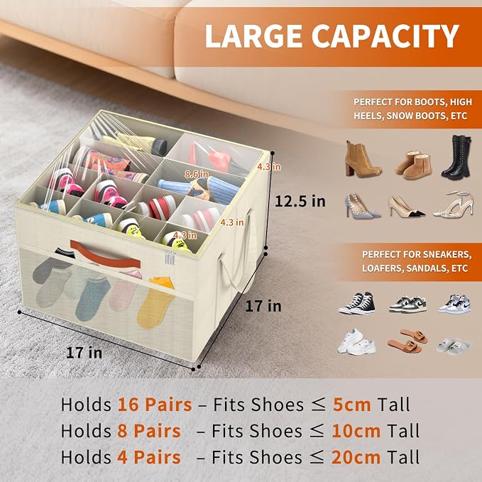 Aokeyee 2 Pack Shoe Organizer for Closet, Stackable Shoe Storage Box, Beige | Fits up to 32 Pairs, Space Saving, Foldable, Shoes Organizer Bin with Clear Cover, 4 Reinforced Handles