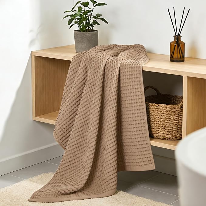 Jacquotha Waffle Bath Towels 2-Piece (Tan) - Cotton, Soft, Lightweight | 31” x 62” Large Bath Towel for Bathroom, Shower, Spa, Beach