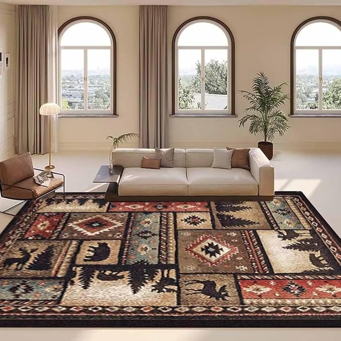 Empire Bear Cabin Area Rug for Dining Room Non-Slip Vintage Bohemian Tribal Rugs Home Decor Rustic Lodge Moose Deer Carpet Dusk View Mat 4'x6'