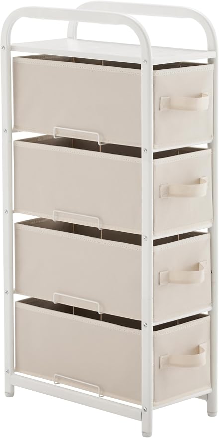 MAX Houser 4 Drawer Narrow Dresser Fabric Storage Tower Vertical Slim Storage Chest Organizer Nightstand Side/End Table Small Standing Organizer Removable Drawers Wood Top for Bedroom, Bathroom(Beige)
