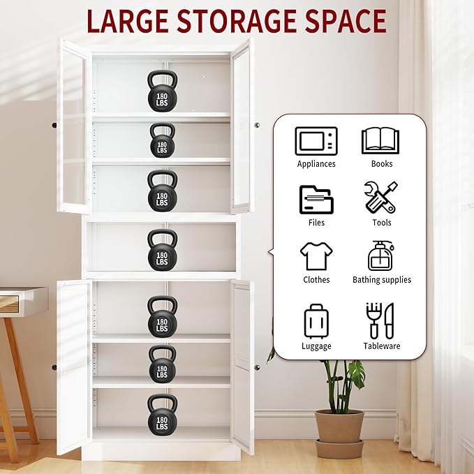 AQY Kitchen Pantry Cabinet,72" White Pantry Storage Cabinet with Adjustable Shelves and Glass Doors,Freestanding Cupboard,Metal Pantry Cabinets with Handle for Living Room Kitchen Assembly Required