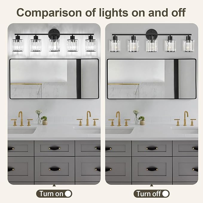 Crystal Bathroom Light Fixtures, Bathroom Lighting Fixtures Over Mirror, Modern Black 5-Light Vanity Lights for Mirror,Restroom, Bedroom (Ceramic E26 Socket,Bulbs Not Include)