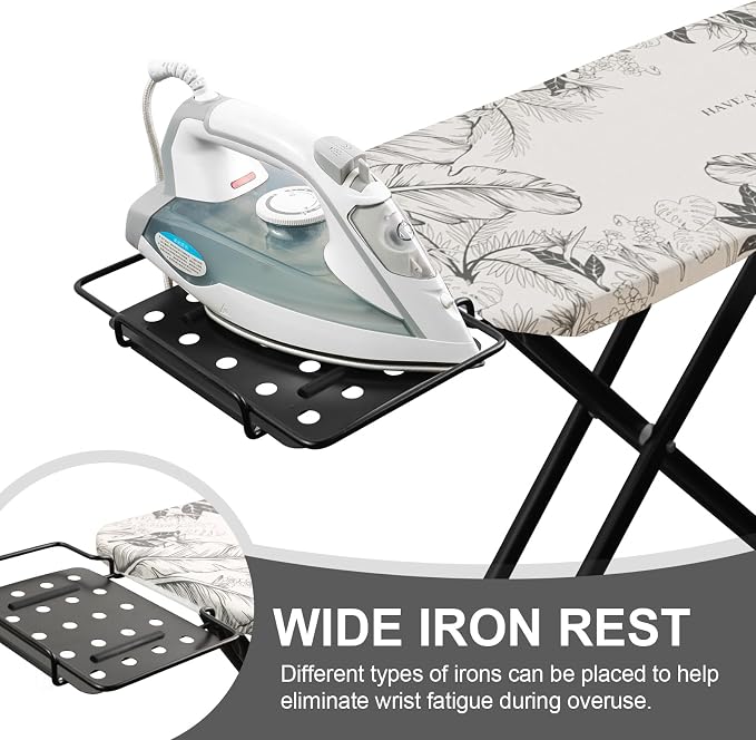Ironing Board,Foldable Ironing Board Adjustable Height Compact Iron Board Thick Steel Tube Iron Board with Holder,Replacing Cloth Cover and Mini Handheld Gloves, Gift for Women(Leaf Print)
