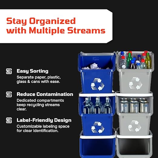 Multi Bin Recycling System with Three Stackable 6 Gallon Recycle Bins for Kitchen Use – Recycling Trash Can Set for Office, Garage, Businesses (3 Pack, Blue/Yellow/Red)