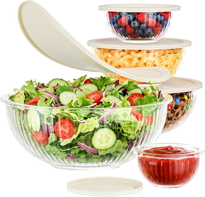 Glass Mixing Bowls with Lids Set - 5 Packs, Borosilicate Nesting Glass Bowls (3.7-2.1-1-0.5-0.2QT) for Baking, Salad, Meal Prep, Serving, Food Storage, BPA Free & Dishwasher Safe