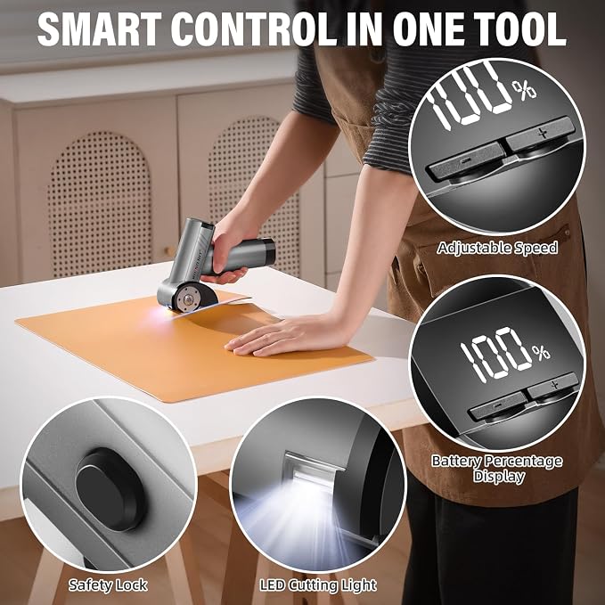 Cordless Electric Scissors, Rechargeable Rotary Cardboard Cutter with LED Light & Safety Lock, 4-Speed Adjustable, 3 Blades for Fabric, Carpet, Leather & Carton, with Storage Case(silver)