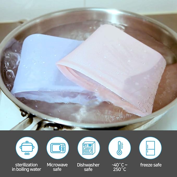 Reusable Silicone Food Storage Bags (Set of 3) – Leakproof Zip Seal, BPA-Free, Freezer & Microwave Safe – for Meal Prep, Snacks, Fruits, and More (Pink Set)