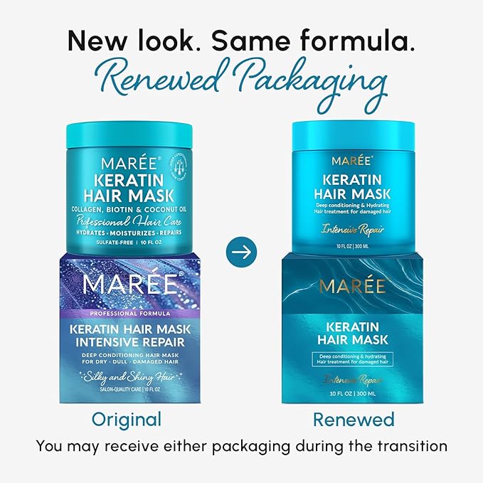 MAREE Deep Conditioning Hair Mask for Damaged Hair Treatment 2 Pack – Keratin Hair Care for Hydrating Growth Repair Moisturizing – Dry Curly Color Refreshing – 10 Fl Oz, White