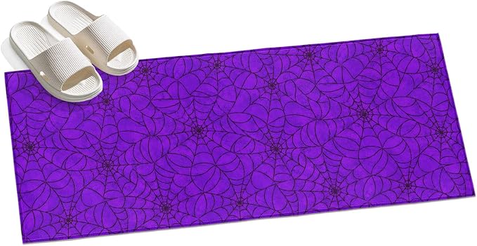 Hallway Runner Rug 2'x6', Purple Halloween Washable Bathroom Area Rugs for Kitchen Bedroom Laundry, Black Spiders Net Classic Gingham Non Slip Door Mat Indoor Entrance Floor Throw Bedsides Carpet