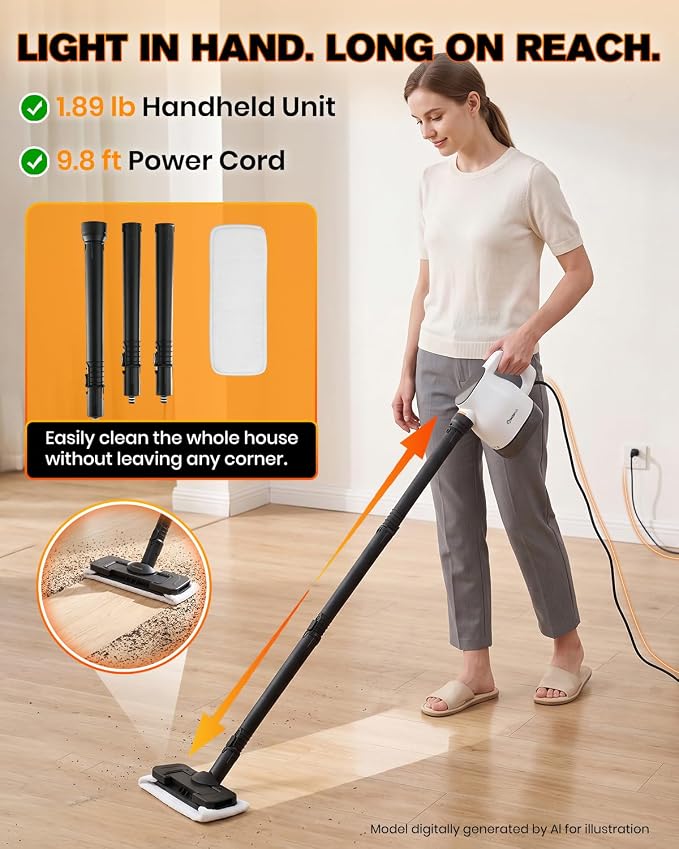 Sakerplus EverSteam Instant-Heat Steam Cleaner,15s Fast Heat-up | Dual steam modes and a 400 mL tank with floor mop attachment and 12 microfiber cloths for kitchens, bathrooms and cars