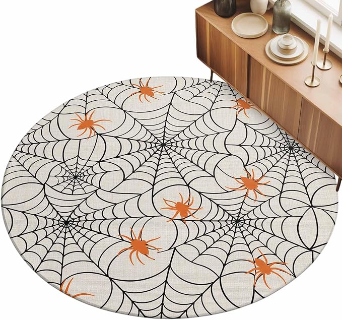 Round Area Rug 5', Halloween Washable Area Rugs for Living Room Kitchen Bedroom Nursery Dining Room, Black Net Classic Spiders Gingham Orange Rustic Non Slip Door Mat Indoor Floor Throw Circle Carpet