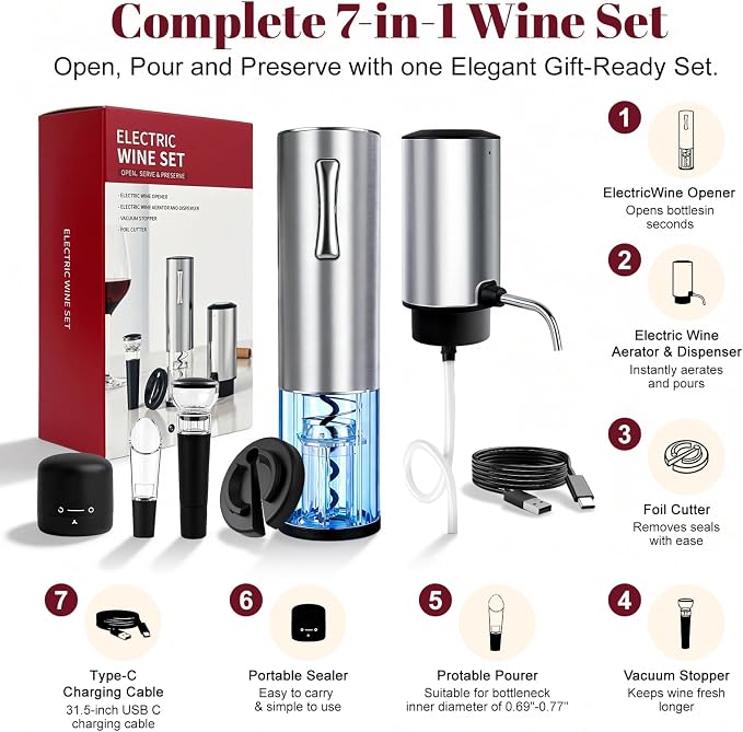7-in-1 Electric Wine Opener & Aerator Set, Rechargeable Automatic Corkscrew, Wine Aerator, Vacuum Stoppers, Dispenser, Foil Cutter, Gift for Wine Lovers, Housewarming, Birthday, Wedding or Anniversary