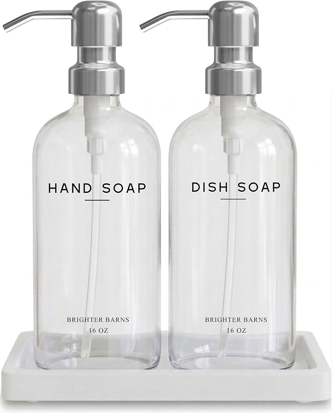 Glass Hand and Dish Soap Dispenser Set by Brighter Barns - Modern Kitchen Soap Dispensers with Stainless Steel Pump - Neutral Home Decor for Hotel, Restaurant, Vacation Rental, Airbnb (Clear/Silver)