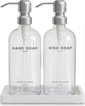 Glass Hand and Dish Soap Dispenser Set by Brighter Barns - Modern Kitchen Soap Dispensers with Stainless Steel Pump - Neutral Home Decor for Hotel, Restaurant, Vacation Rental, Airbnb (Clear/Silver)