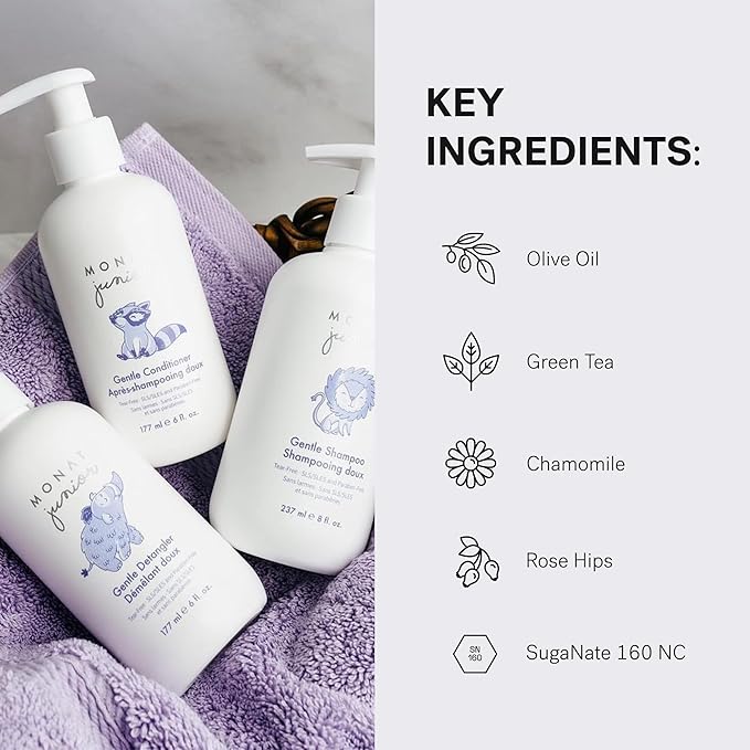 MONAT Junior Gentle 3-in-1 Hair Care System - Shampoo, Conditioner, Detangler for Children (8 fl. oz./6 fl. oz.)