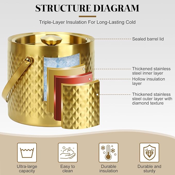 3L Vacuum Insulated Ice Bucket, 304 Stainless Steel Champagne Bucket with Lid, Silicone Seal, Handle, Ice Tongs Scoop Strainer, 2-3H Cold Retention for Bar Party Home Wedding Gifts