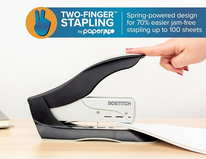 Bostitch Office inHANCE+100 Heavy Duty Stapler - Two Fingers, No Effort, Spring Powered Stapler - 100 Sheets, Gray (1300)