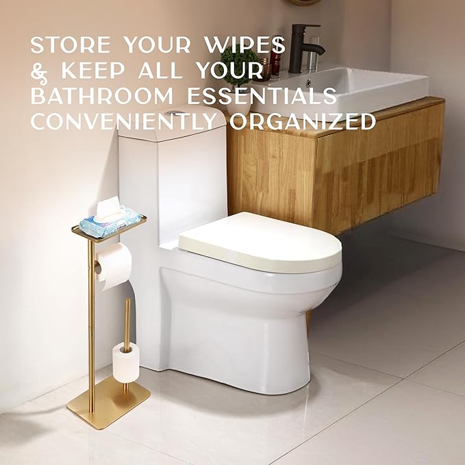 Day Moon™ - Toilet Paper Holder - Modern Roll Holder for Bathroom - 1 Pack - Free Standing - with Shelf, Gold