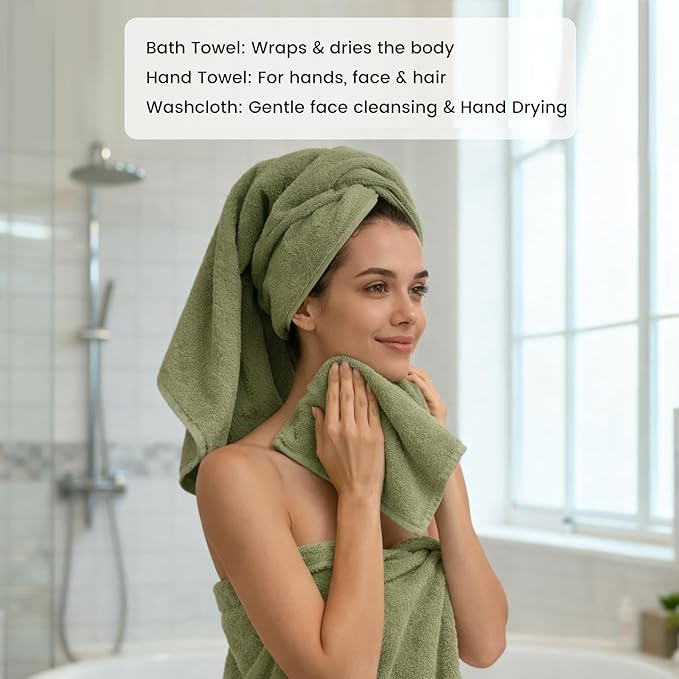 SEMAXE Bath Towel Set, 12 Piece Cotton Towel Set for Bathroom, More Towels for Family Use, Quick Dry with Hanging Loops, Easy Care, Green