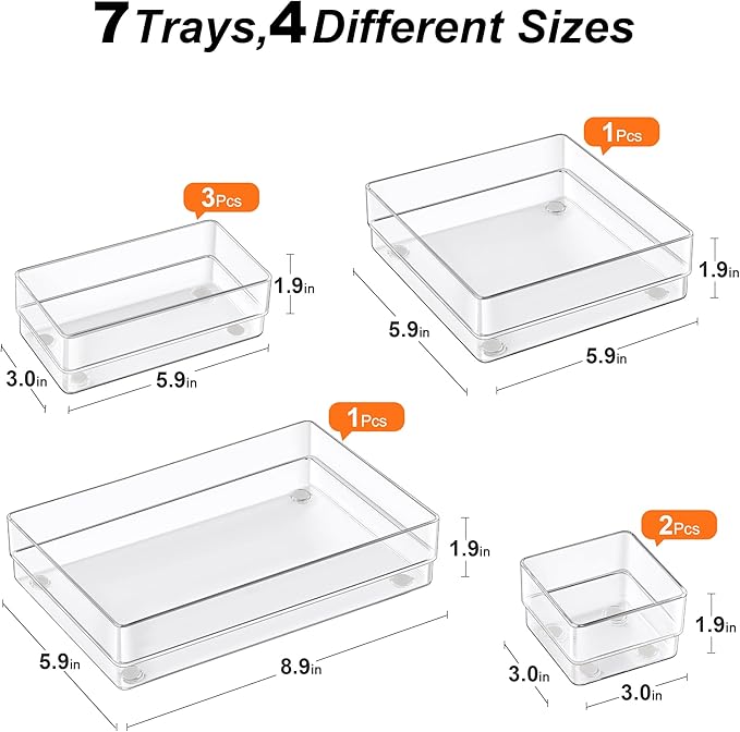 SMARTAKE 7-Piece Drawer Organizer with Non-Slip Silicone Pads, 4-Size Desk Drawer Organizer Trays Storage Tray for Makeup, Jewelries, Utensils in Bedroom Dresser, Office and Kitchen (Clear)