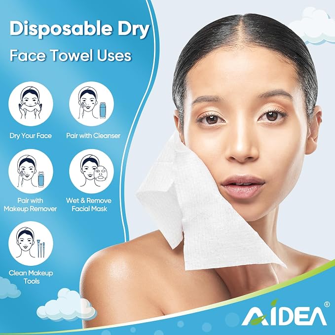 AIDEA Face Towels Disposable-50Ct, Face Cloths for Sensitive Skin | Facial Cleansing Wipes, Facial Towelettes for Makeup Removing, Nursing, Travel, Dry Wipes