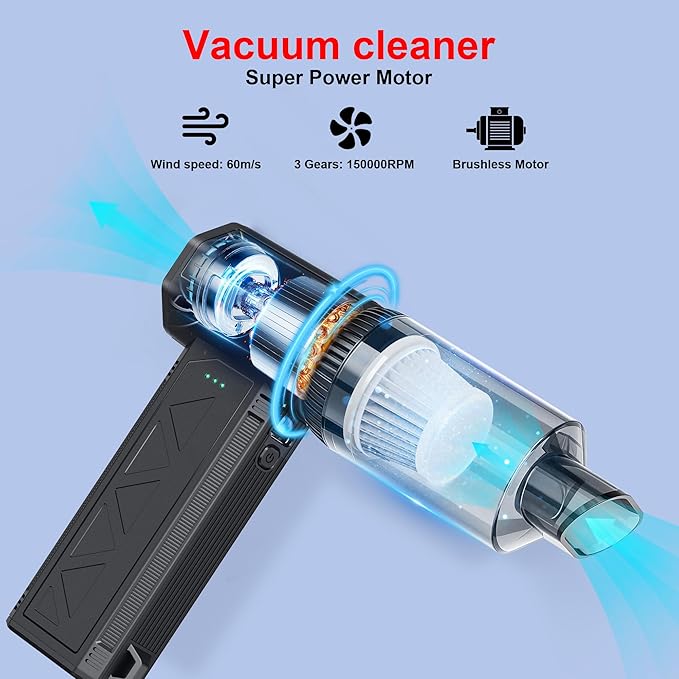 JVSCAM Compressed Air Duster,150000RPM Electric Air Duster, Vacuum Cleaner & Bag Vacuum 3-in-1, Rechargeable with 3-Gear Adjustable Wind Speed for Keyboard,Computer,Car,Home and Storage Bag Sealing