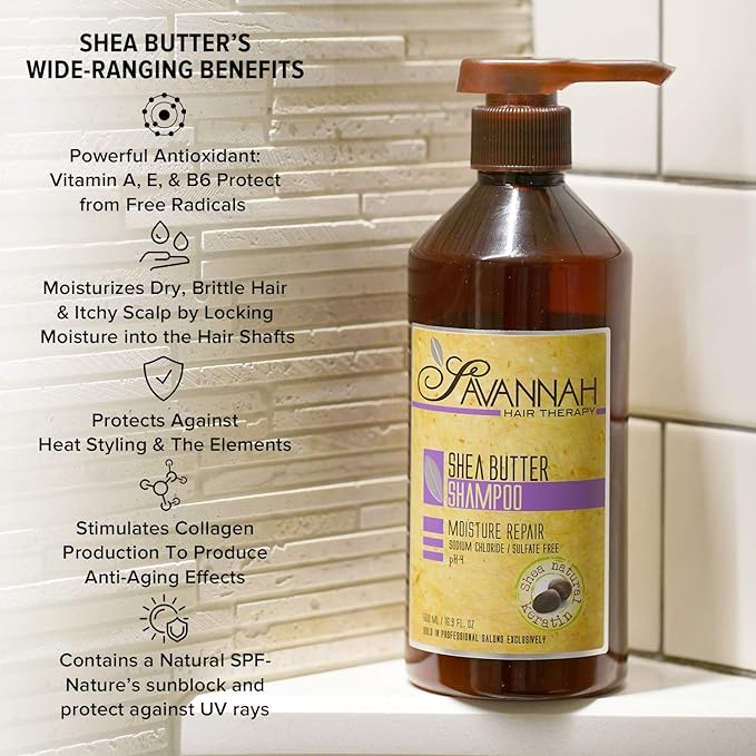 Savannah Hair Therapy Shampoo with Shea Butter & Keratin – Moisturizing, Sulfate-Free Cleanser for Dry, Damaged or Color-Treated Hair – Professional Salon Formula 500 ml (16.9 oz)