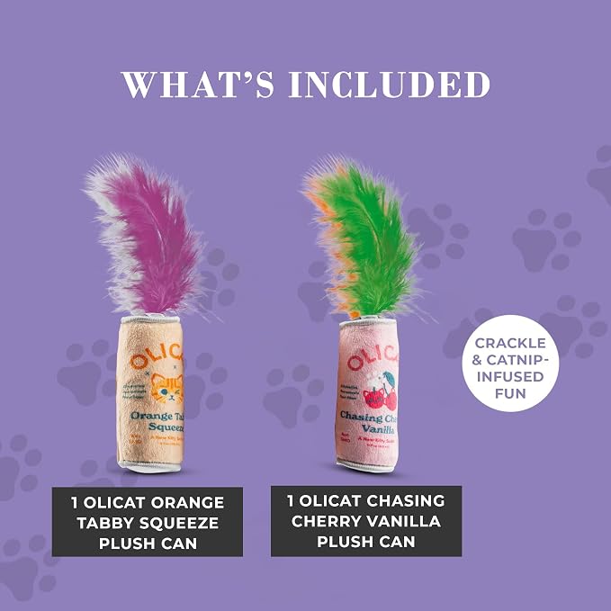 Haute Diggity Kitty Olicat Catnip Toys, Soft Plush Cat Toys Catnip Filled with Interactive Crackle Sound & Feathers, Safe & Durable Toy for Cats & Kitten, 2 Pcs