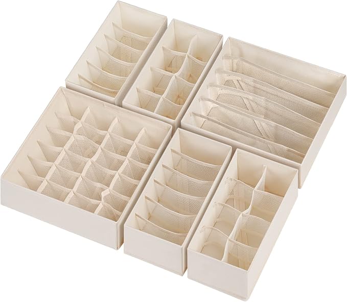 Criusia 6 Pack Sock Underwear Drawer Organizer Dividers, 58 Cell Foldable Fabric Dresser Closet Organizers and Storage Bins for Clothing, Baby Clothes, Bra, Panty, Scarf, Ties (Beige)