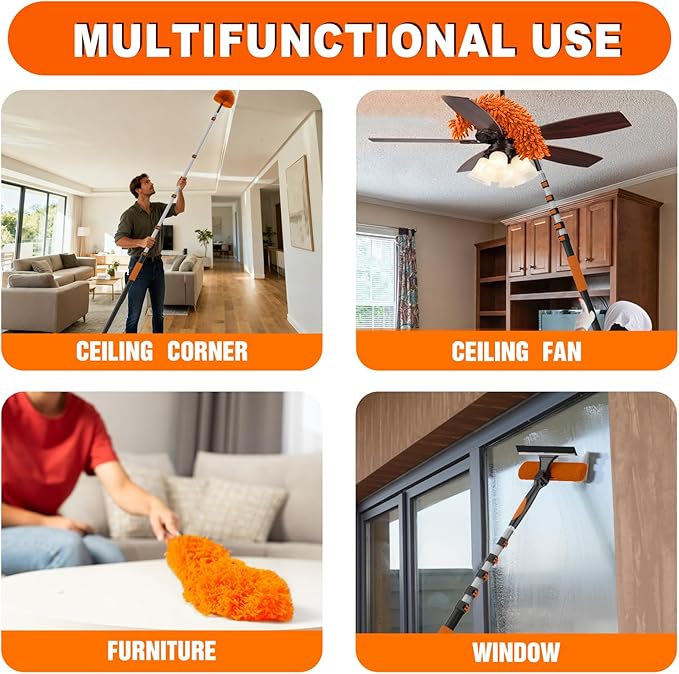 SISUPASSIE 30FT Reach High Ceiling Duster Kit, Window Cleaning kit with 5-24FT Extension Pole, Fan Duster for Ceiling Fan Blades, Microfiber Feather Duster, Rotatable Window Squeegee and Cobweb Duster