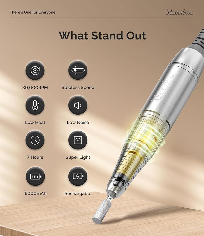 MelodySusie Entry-Level Clip-On Rechargeable Nail Drill, Scamander(SC320H) 30000RPM Popular Classic E-File with LCD Display for Manicure Shaping & Gel Removal, Perfect for Nail Art Training & Home Use