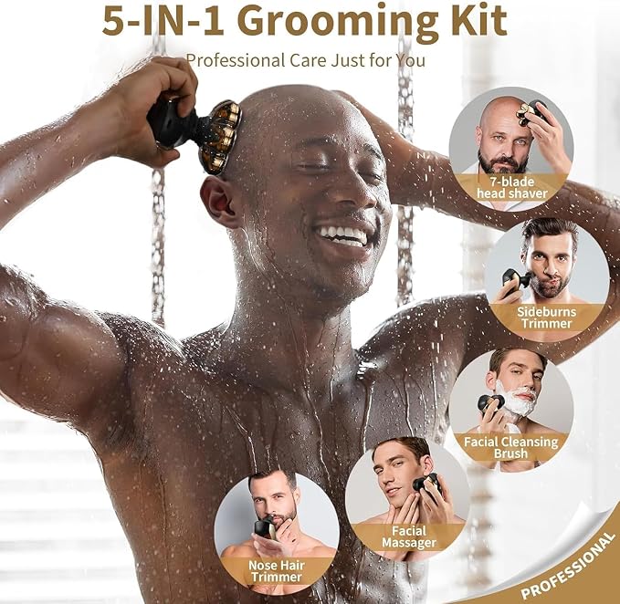 SHPAVVER Head Shavers for Bald Men: 5-in-1 Upgraded Electric Razor - IPX7 Waterproof Shaving Grooming Kit for Balder - Turbo Speed & Precision Blades (Ink Gold)