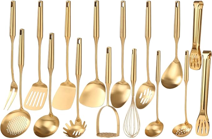 Gold Cooking Utensils Set - 16 PCS All Metal Small and Large Spoons Set | 18/10 Stainless Steel Kitchen Tools, 15″ Serving Utensil - Whisk, Masher, Fork, Tongs, Spatula, Turner, Ladle, Skimmer, Pasta