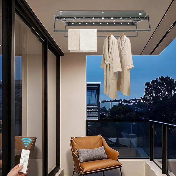 Electric Clothes Airing Rack,Adjustable Ceiling Mounted Smart Control Clothes Airing Rack w/ LED Lighting & 2 Retractable Rods,Vertical Laundry Clothesline w/ 8 Horizontal Rods for Balcony (Gray)