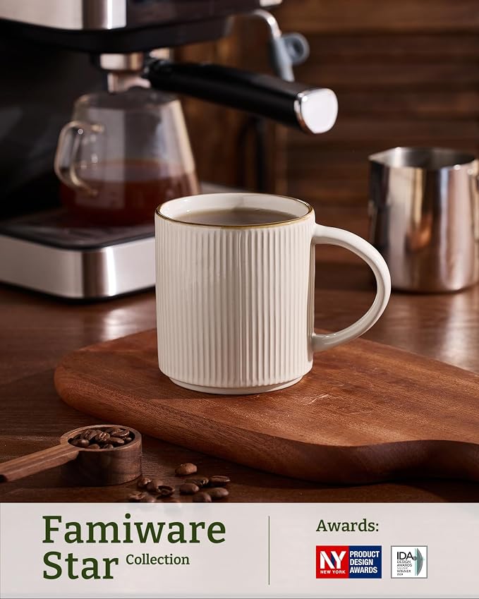 famiware Coffee Mug Set for 4, Star 16 oz Catering Mugs Cup Set with Handle for Coffee, Tea, Cocoa, Milk - Ceramic Stoneware Drinkware Set, White