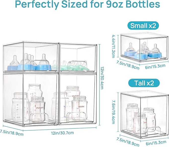 Vtopmart 4 Pack Baby Bottle Organizer Set, Stackable Storage Drawers Ideal for Kichen Countertop, Vanity, Bathroom, Cabinet, Pantry Organization
