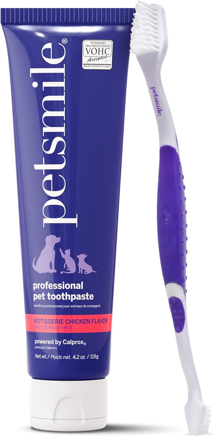 Petsmile Teeth Brushing Kit, Toothpaste + Brush, Rotisserie Chicken 4.2 Oz | Pet Toothpaste + 45° Patented Toothbrush, VOHC Accepted, Calprox® Powered, 6-Month Supply, Human-Grade, Clinically Proven