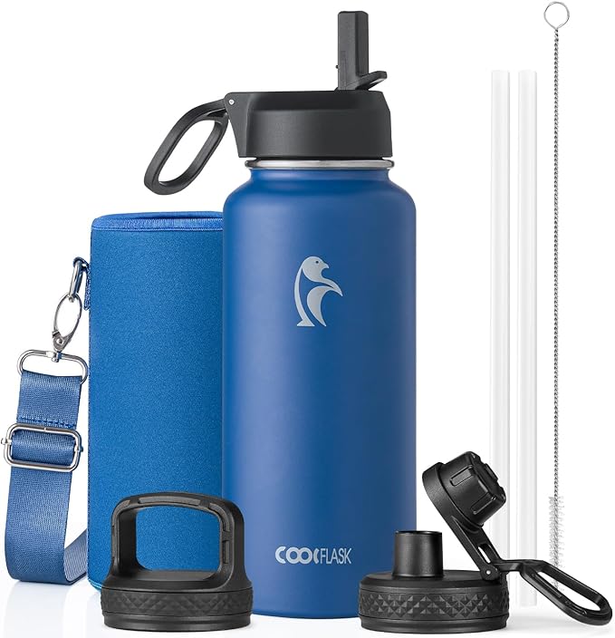 Coolflask Water Bottle 32 oz Insulated with Straw, Stainless Steel Metal 3 Lids Water Flask Wide Mouth for Sports or Office, Non-BPA Keep Cold Up to 48 Hrs or Hot Up to 24 Hrs, King's Blue