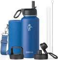 Coolflask Water Bottle 32 oz Insulated with Straw, Stainless Steel Metal 3 Lids Water Flask Wide Mouth for Sports or Office, Non-BPA Keep Cold Up to 48 Hrs or Hot Up to 24 Hrs, King's Blue