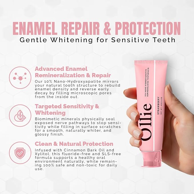 Ollie Fluoride Free 10% Nano Hydroxyapatite Toothpaste, Strawberry, 4oz | Rod-Shaped Nano HAP, Remineralizes Enamel, Reduces Sensitivity, Reverses Small Cavities, Naturally Whitens Teeth, (Pack of 2)