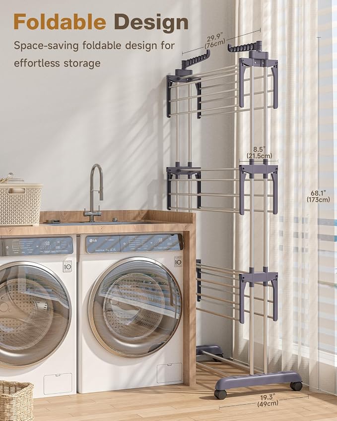 Bigzzia Clothes Drying Rack Folding Drying Rack Clothing 4 Tier Clothes Horses Rack Stainless Steel Laundry Drying Rack with Two Side Wings Grey